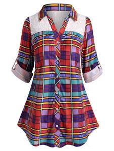 Rosegal Plus Size Plaid Lace Insert Roll Up Sleeve Shirt
