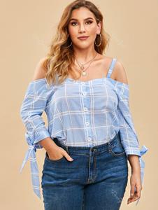 Rosegal Plus Size Cold Shoulder Button Checked Up Top