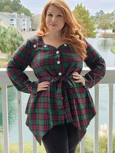 Rosegal Sweetheart Button Up Belted Plaid Plus Size Blouse