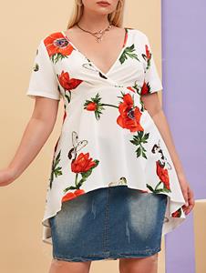 Rosegal Plus Size Plunge Floral Print High Low Blouse