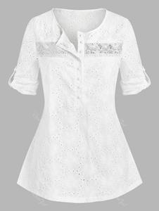 Rosegal Plus Size Broderie Anglaise Roll Up Sleeve Half Button Blouse