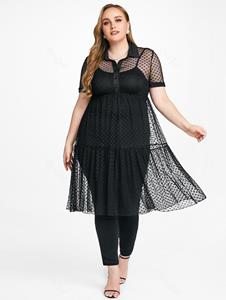 Rosegal Plus Size Heart Pattern Longline Sheer Mesh Blouse and Camisole Twinset