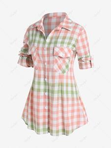 Rosegal Plus Size Roll Up Sleeve Colorblock Pockets Plaid Shirt