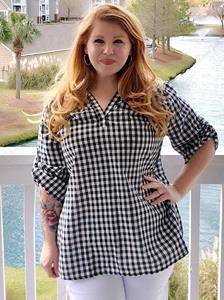 Rosegal Plus Size V Neck Roll Up Sleeve Checked Blouse