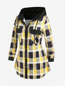 Rosegal Plus Size Double Pockets Plaid Hooded Shirt