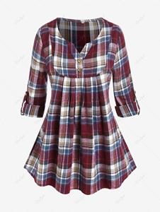 Rosegal Plus Size Roll Up Sleeve Plaid Popover Blouse