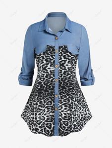 Rosegal Plus Size Leopard Print Flap Pockets Roll Tab Sleeves Chambray Shirt