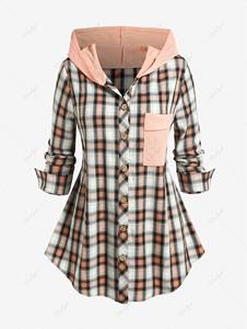 Rosegal Plus Size Plaid Colorblock Textured Hooded Shirt with Pocket