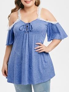 Rosegal Plus Size Lace Up Cold Shoulder Lace Panel Tunic Tee