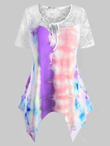 Rosegal Plus Size Tie Dye Lace Insert Handkerchief T Shirt