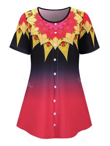 Rosegal Plus Size Buttoned Ombre Flower Print Short Sleeve Tee