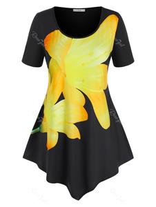 Rosegal Plus Size Flower Print Uneven Hem T Shirt