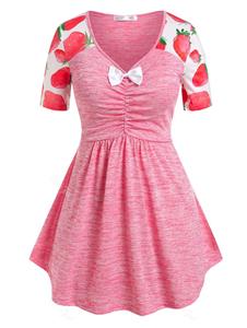 Rosegal Plus Size Bowknot Strawberry Print Ruched Tee