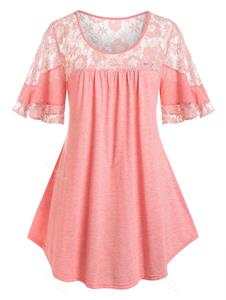 Rosegal Plus Size Floral Lace Panel Pleated T Shirt