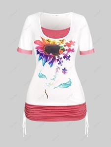 Rosegal Plus Size Sunflower Print Cinched Ruched Contrast Tee