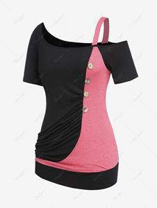 Rosegal Plus Size Skew Neck Ruched Colorblock Tee
