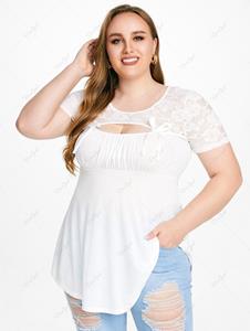 Rosegal Plus Size & Curve Cutout Lace Panel Bowknot Tunic Tee