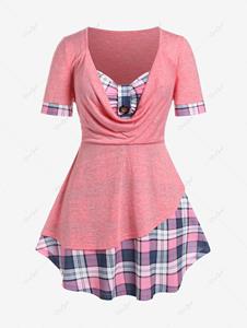 Rosegal Plus Size Cowl Neck Plaid 2 in 1 Tee