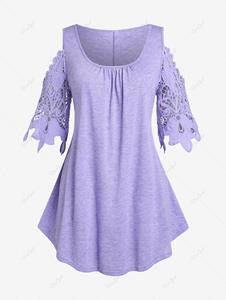 Rosegal Plus Size & Curve Lace Sleeve Cold Shoulder Tee