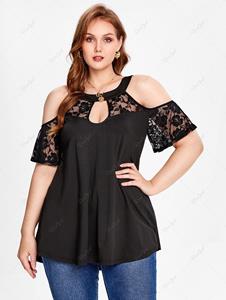 Rosegal Plus Size Keyhole Cold Shoulder Lace Sleeve High Low Tee