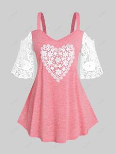Rosegal Plus Size Heart Pattern Lace Panel Cold Shoulder Tee