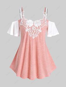 Rosegal Plus Size Lace Panel Two Tone Cold Shoulder Tee