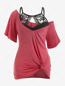 Rosegal Plus Size Knotted Tunic Tee and Lace Cutout Cami Top Set