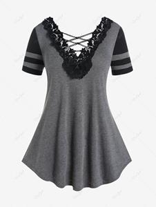Rosegal Plus Size Lace Panel Contrast Sleeve Chains Tee