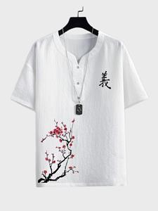 ChArmkpR Mens Chinese Plum Bossom Print Quarter Button Short Sleeve T-Shirts
