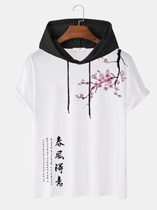 ChArmkpR Mens Chinese Poems Plum Bossom Print Short Sleeve Hooded T-Shirts
