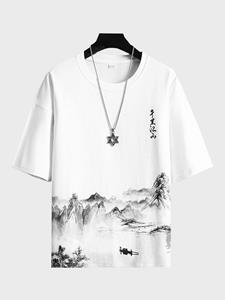 ChArmkpR Mens Chinese Ink Landscape Print Crew Neck Short Sleeve T-Shirts