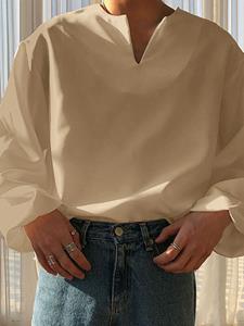 INCERUN Mens Solid V-Neck Long Sleeve Casual Loose T-Shirt