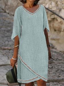 ZANZEA Women Plain Hollow Out Texture V-Neck Cotton Wrap Hem Dress