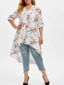 Rosegal Plus Size Roll Up Sleeve Peach Blossom Print High Low Top