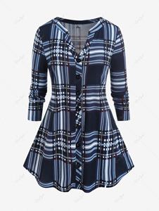 Rosegal Plus Size Checked V-notch Button Up Blouse