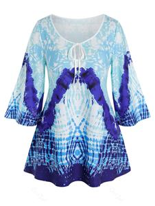 Rosegal Plus Size Keyhole Tie Abstract Print Wide Sleeve Tee