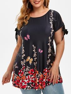 Rosegal Plus Size Floral Butterfly Print Tie Sleeve T Shirt