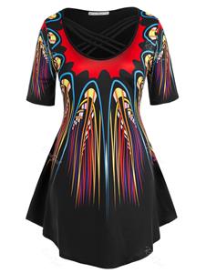 Rosegal Plus Size Abstract Pattern Criss Cross Long Tunic Tee