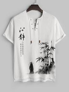 ChArmkpR Mens Chinese Ink Painting Lace Up High Low Hem Texture T-Shirts