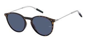 TOMMY HILFIGER EYEWEAR TJ 0057/S | Unisex-Sonnenbrille | Panto | Fassung: Kunststoff Havanna | Glasfarbe: Blau / Grau