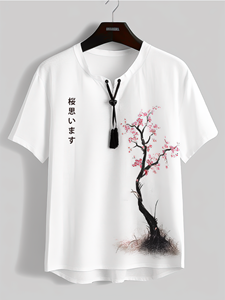 ChArmkpR Mens Japanese Cherry Blossoms Print Tie Neck Cotton T-Shirts