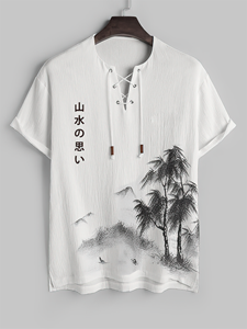 ChArmkpR Mens Japanese Landscape Print Lace Up Neck Side Split Texture T-Shirts