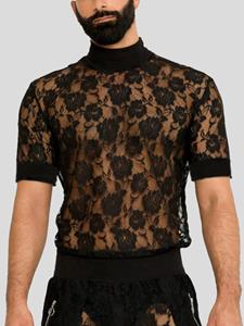 INCERUN Mens Floral Lace See Through High Neck Short Sleeve T-Shirt
