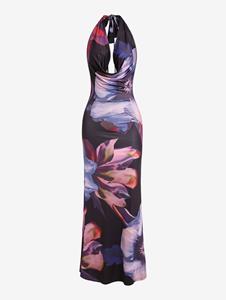 Zaful Abstract Floral Halter Backless Cowl Front Mermaid Maxi Dress