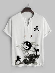 ChArmkpR Mens Chinese Yin Yang Ink Print Lace Up Neck Texture T-Shirts