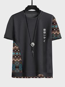 ChArmkpR Mens Ethnic Geometric Pattern Patchwork Japanese Embroidered Short Sleeve T-Shirts