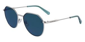 CALVIN KLEIN CKJ23201S | Unisex-Sonnenbrille | Panto | Fassung: Kunststoff Silberfarben | Glasfarbe: Grün