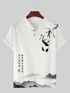 ChArmkpR Mens Panda Bamboo Japanese Print Notched Neck Short Sleeve T-Shirts