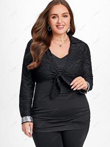 Rosegal Plus Size Tie Knot Sequin Cropped Blouse and Ruched Camisole Set