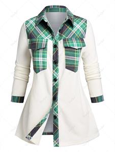 Rosegal Plus Size Flap Pockets Plaid Panel Fleece Shirt